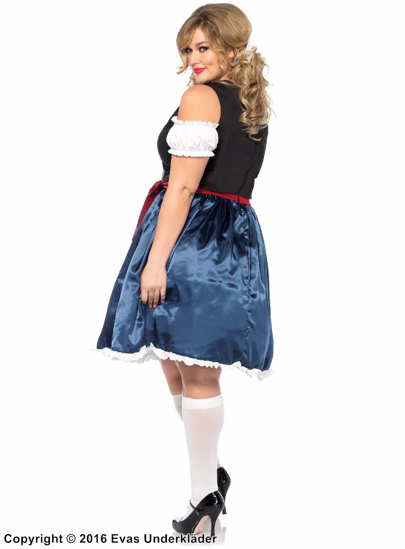 Oktoberfest-vertinne, kostyme-dirndlkjole, snøring, forkle, off-shoulder, XL til 4XL